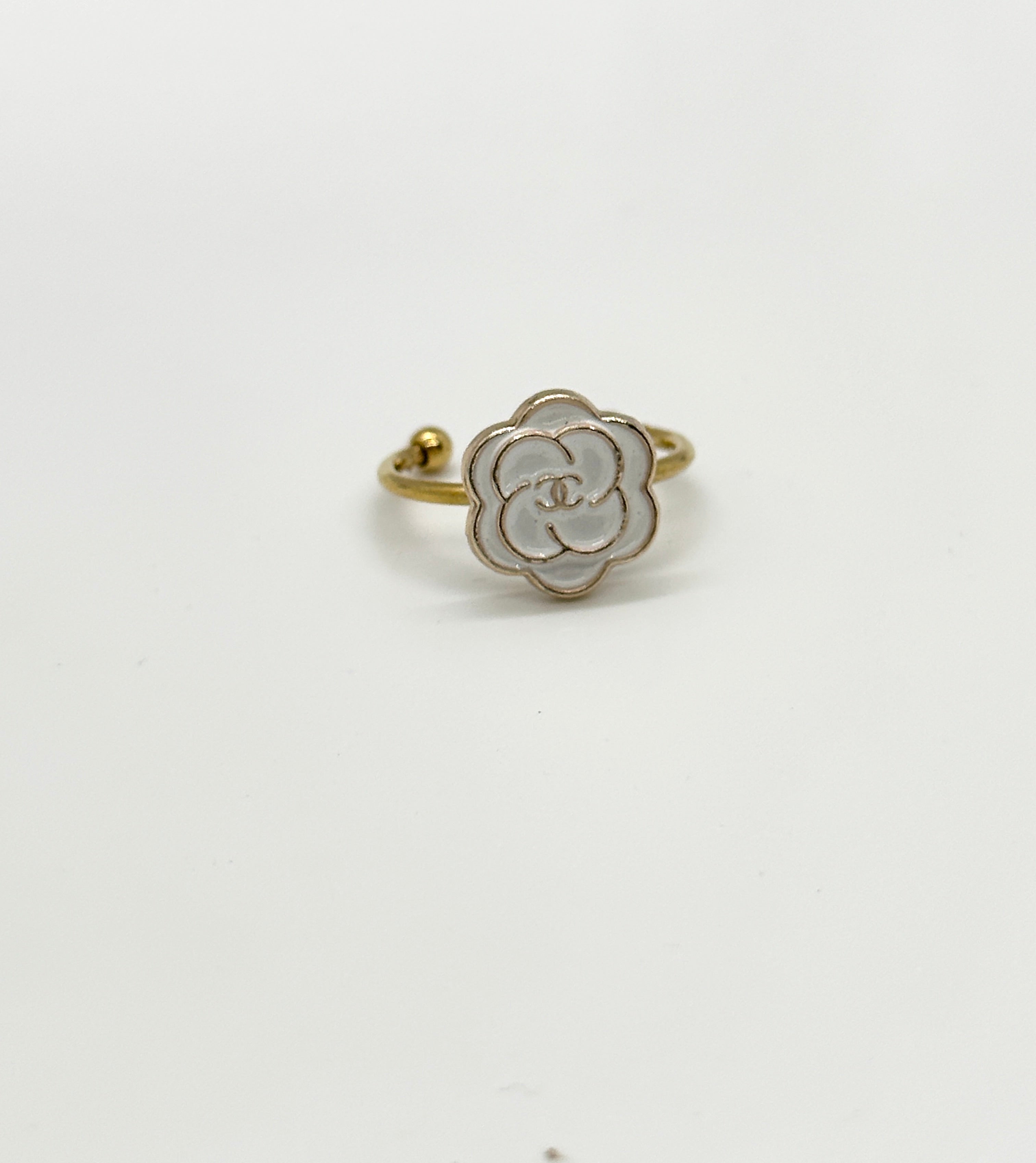 Authentic Chanel Flower Button | Repurposed white and Gold Ring