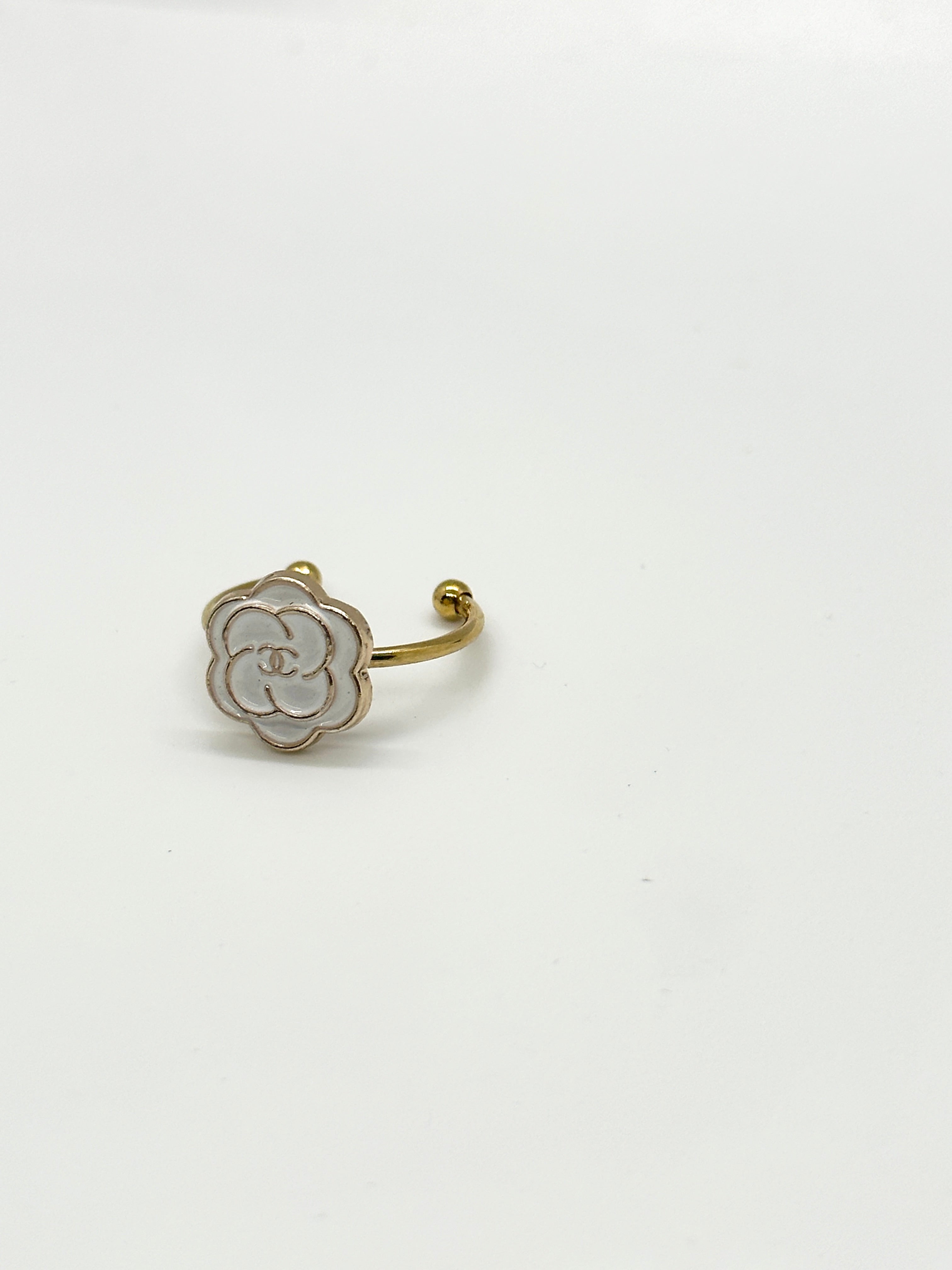 Authentic Chanel Flower Button | Repurposed white and Gold Ring