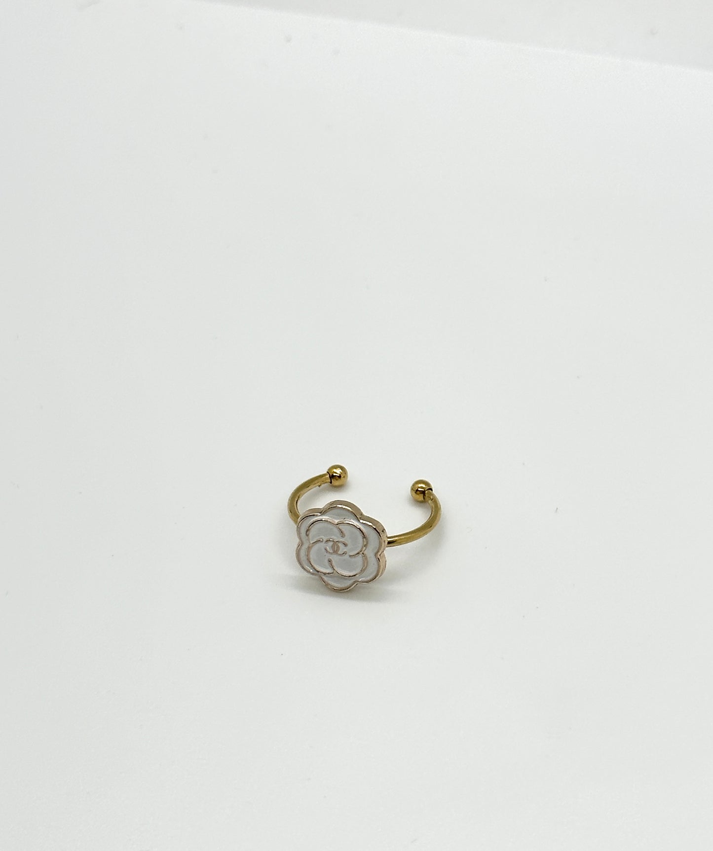Authentic Chanel Flower Button | Repurposed white and Gold Ring