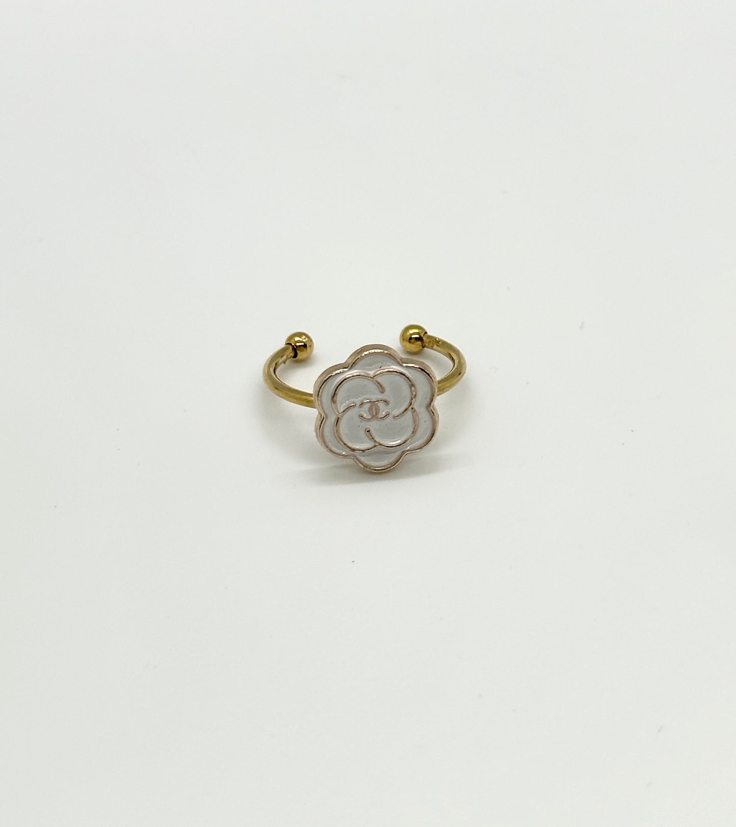 Authentic Chanel Flower Button | Repurposed white and Gold Ring