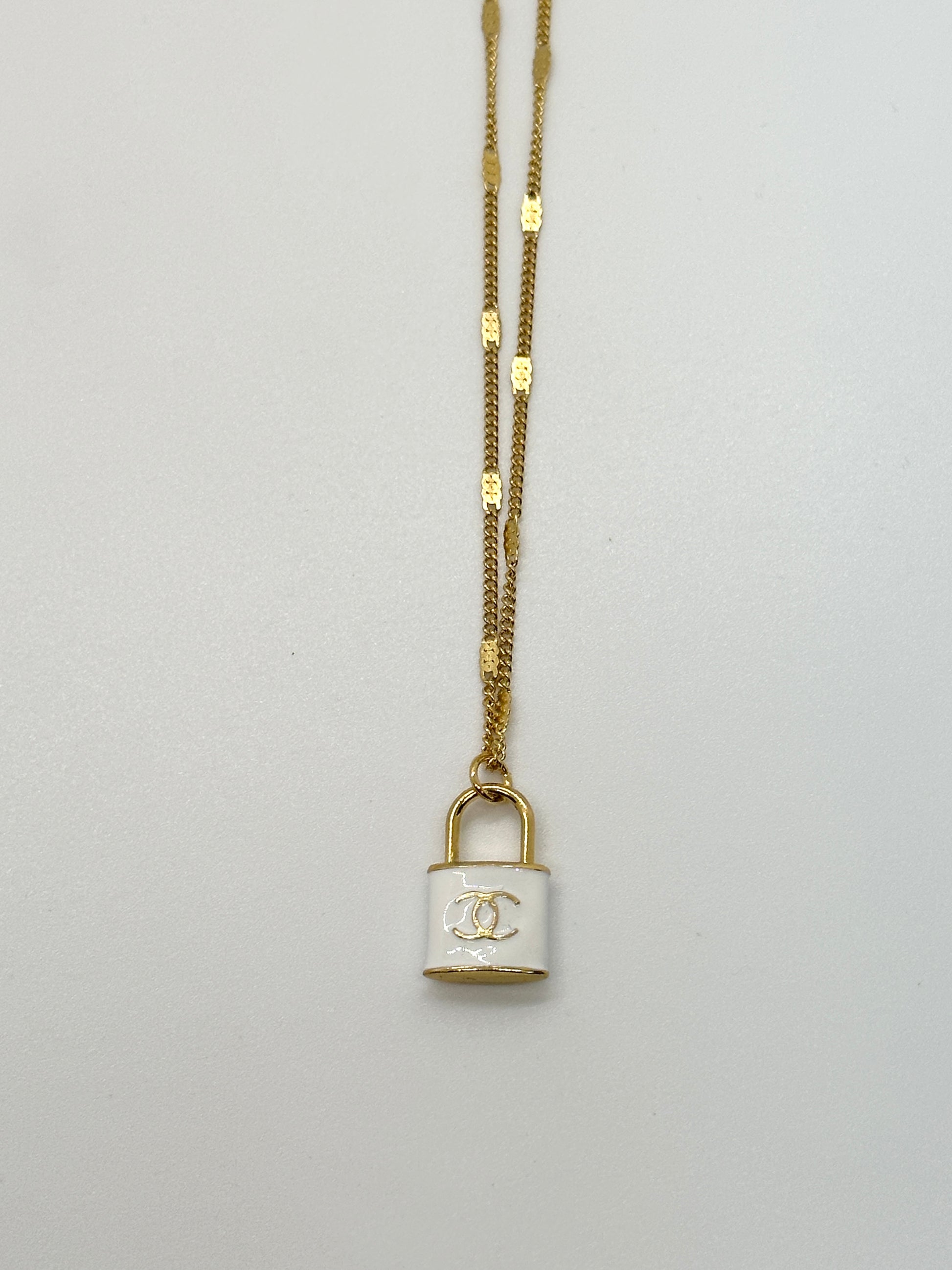 Authentic Chanel White Lock Pendant | Reworked Gold 15-18 Necklace