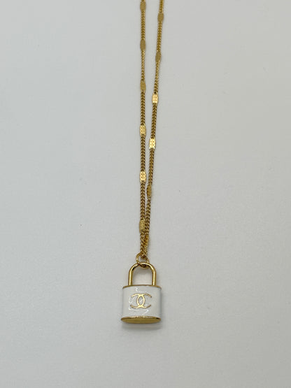 Authentic Chanel White Lock Pendant | Reworked Gold 15-18" Necklace