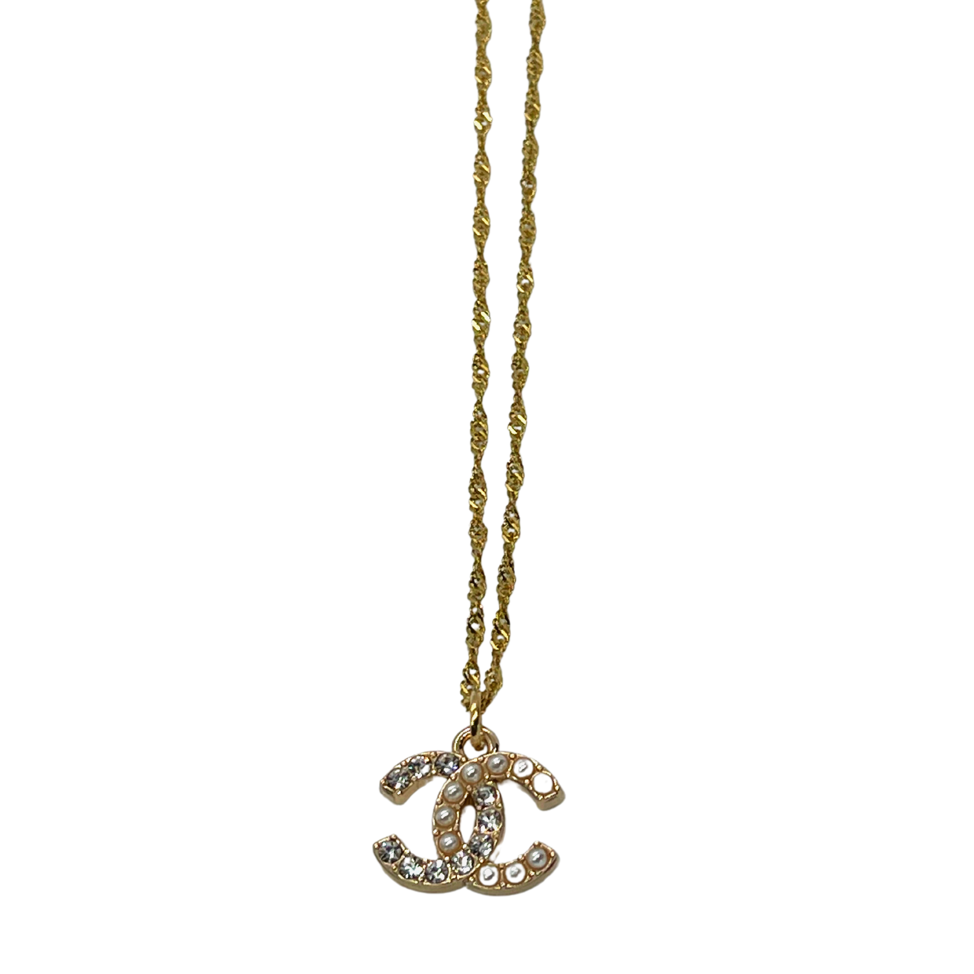 Authentic Chanel CC Crystal + Faux Pearl Pendant | Reworked Gold 17-19  Necklace