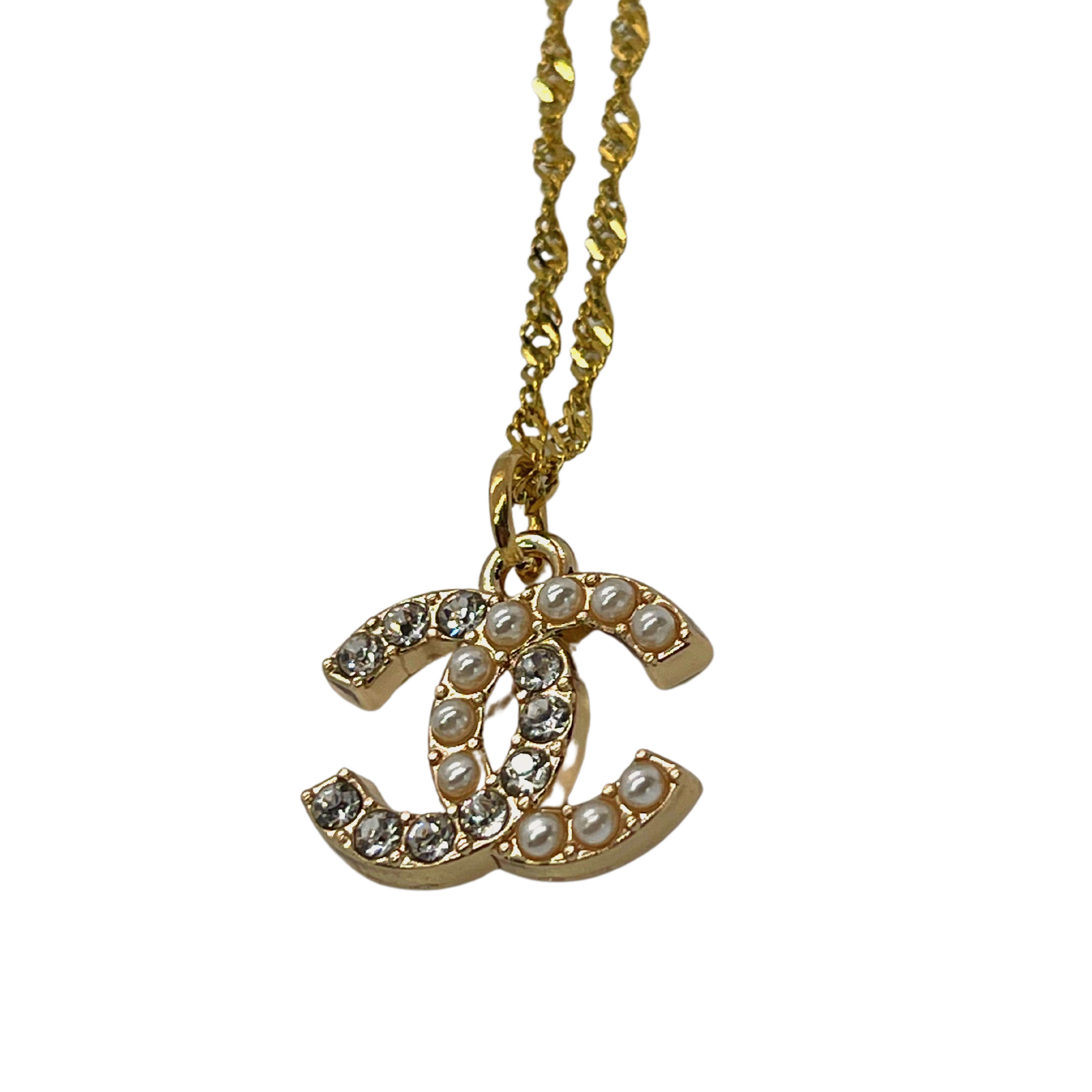Authentic Chanel CC Crystal + Faux Pearl Pendant | Reworked Gold 17-19" Necklace