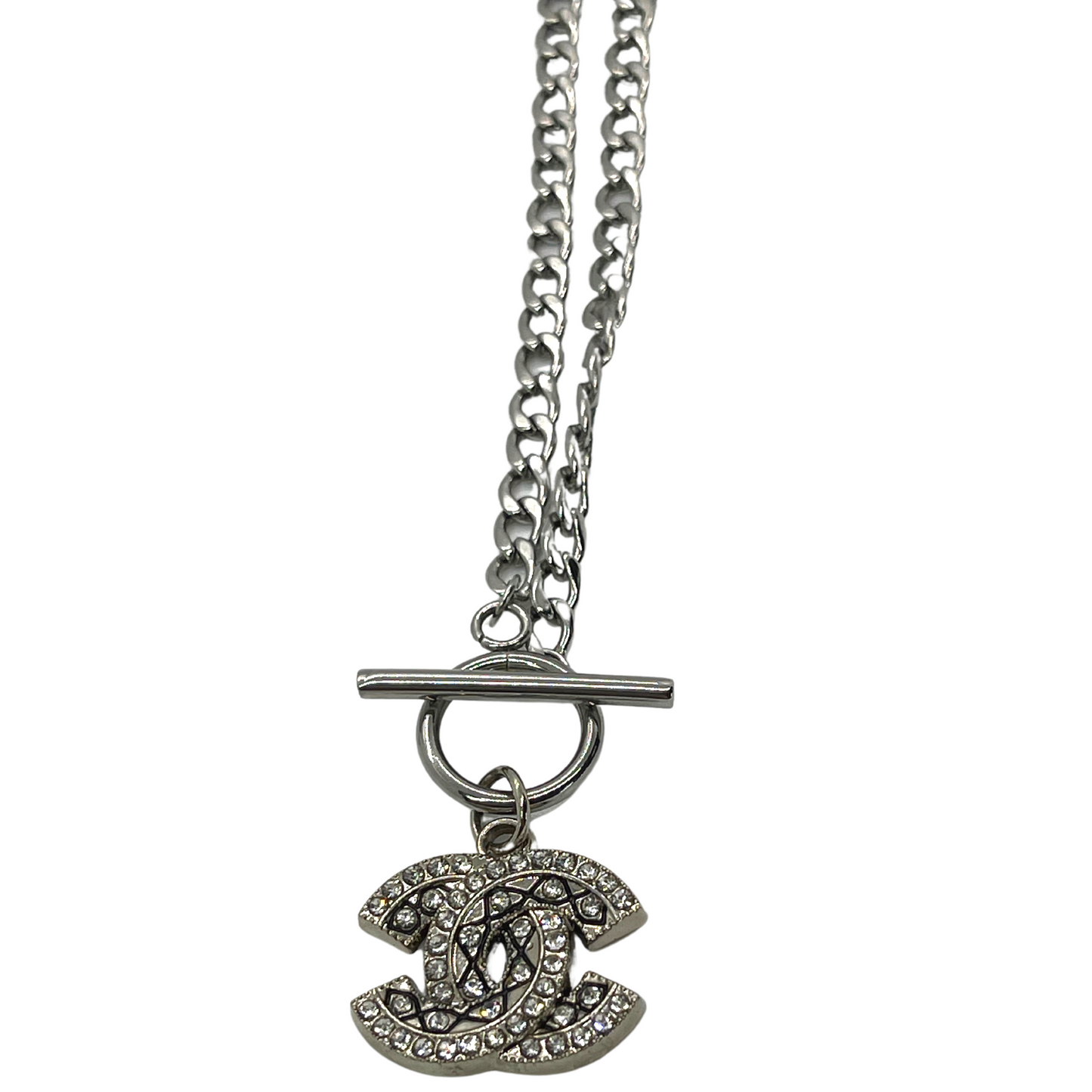 Authentic Chanel Crystal CC Pendant | Reworked Silver 18" Necklace