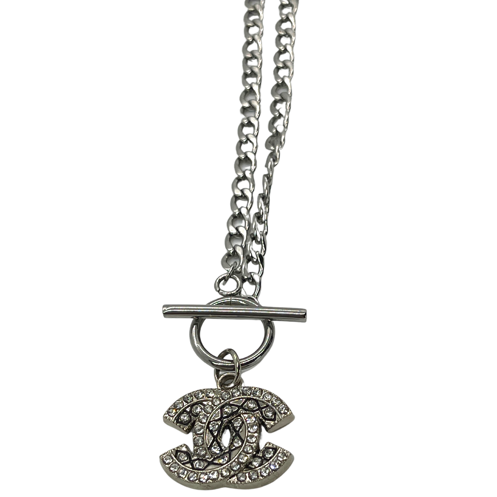 Authentic Chanel Crystal CC Pendant | Reworked Silver 18" Necklace