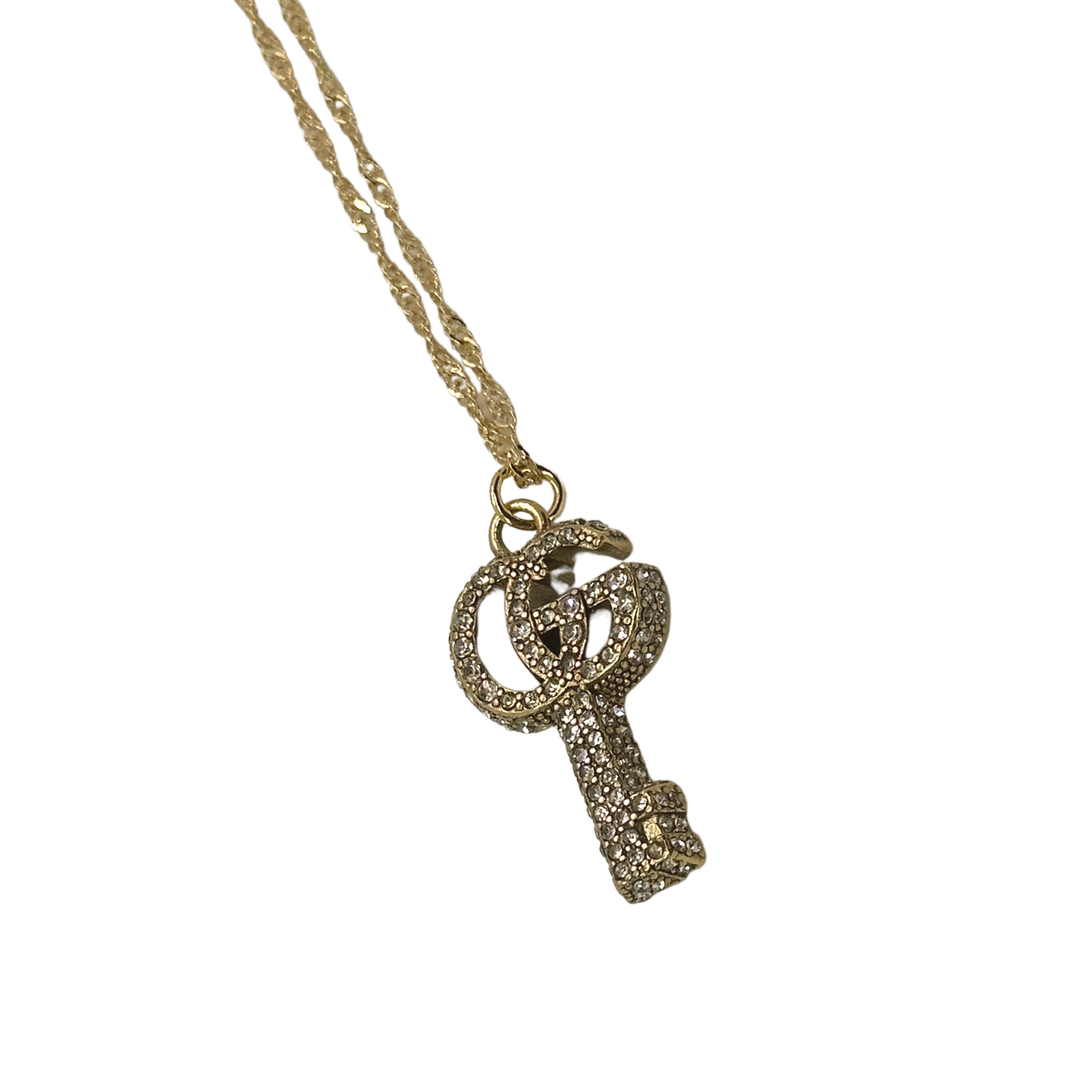 Gucci Double G Key Necklace with Crystals, Gold-Toned Metal, Gold-Toned Metal