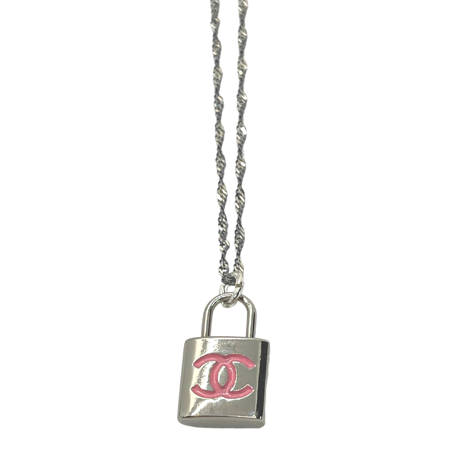 Authentic Chanel Pink Lock Pendant | Reworked Silver 20" Necklace