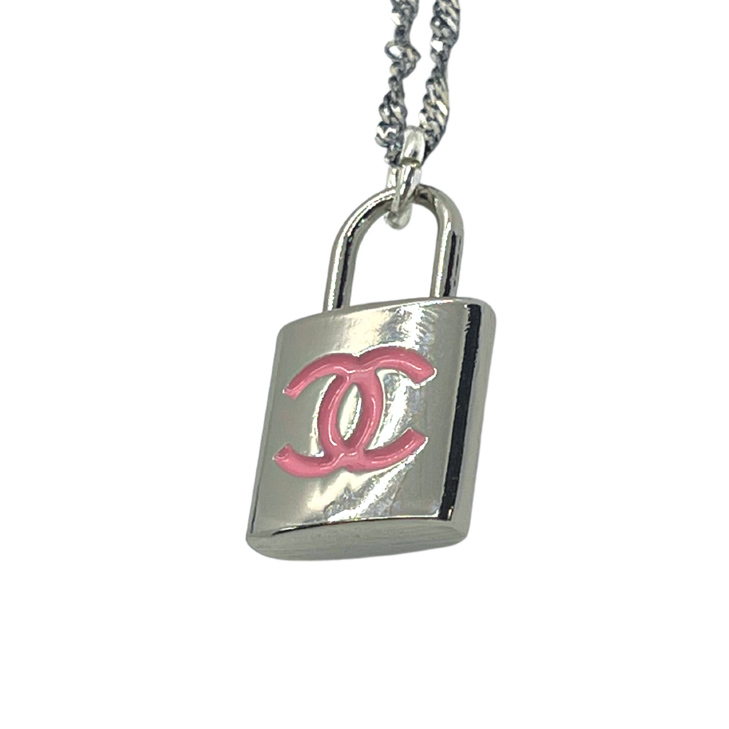Authentic Chanel Pink Lock Pendant | Reworked Silver 20 Necklace