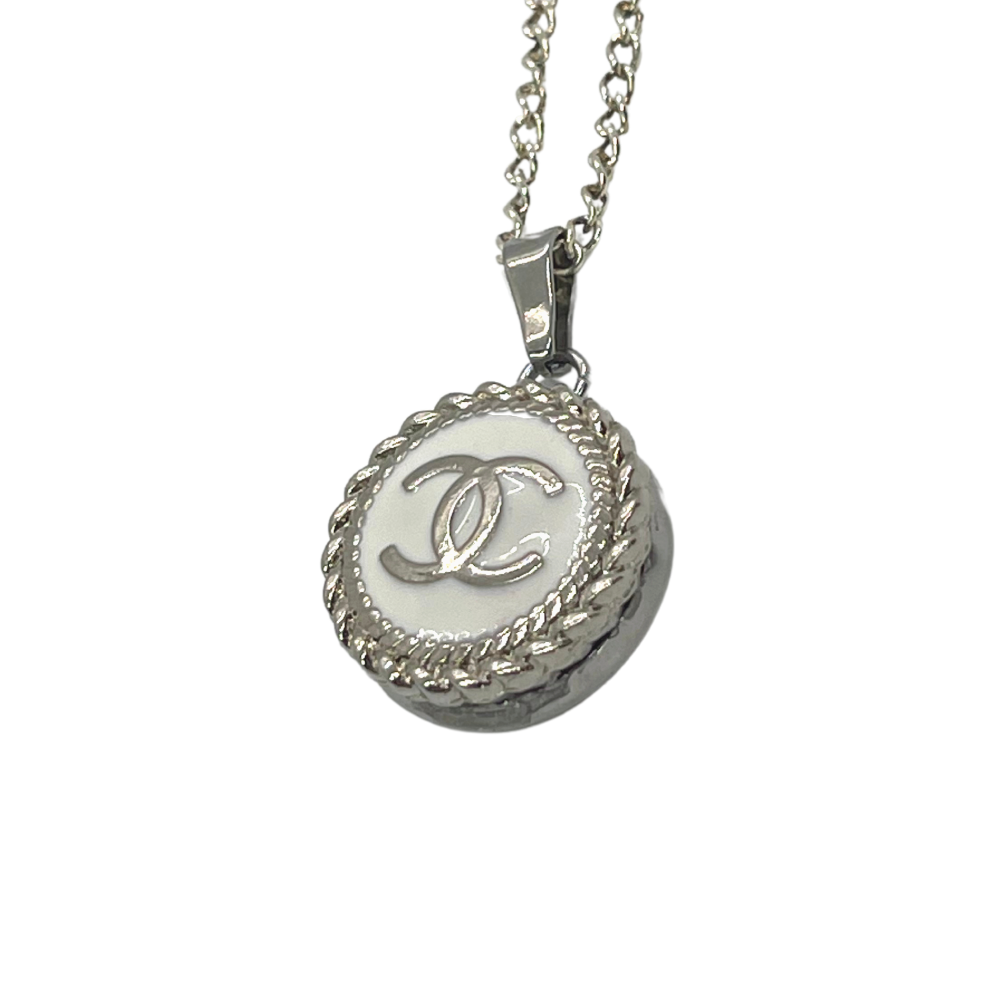 Chanel Silver Crystal Cc Logo On Both Side Necklace  STYLISHTOP
