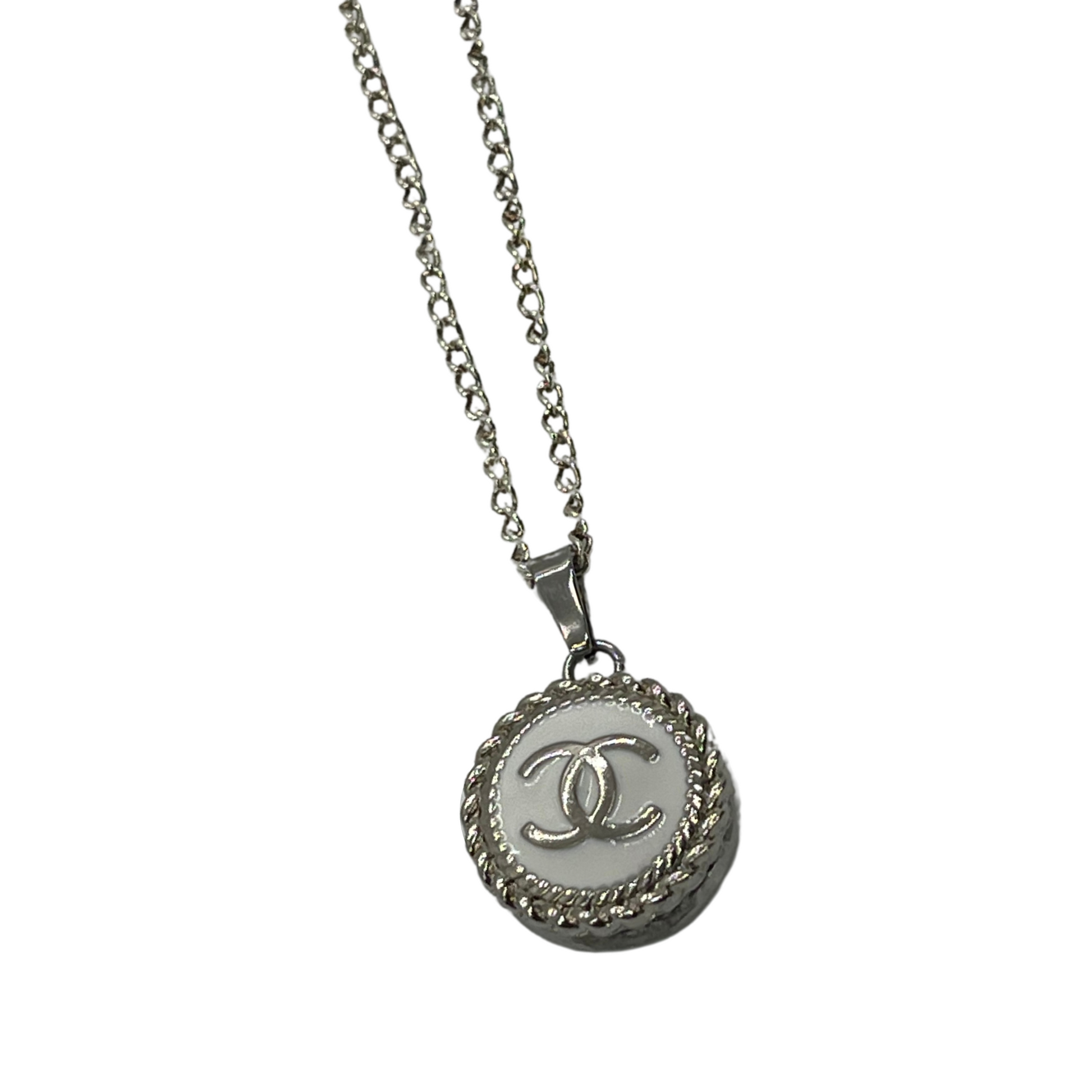 Authentic Chanel CC Cream Pendant  Reworked Silver 14.5 Necklace