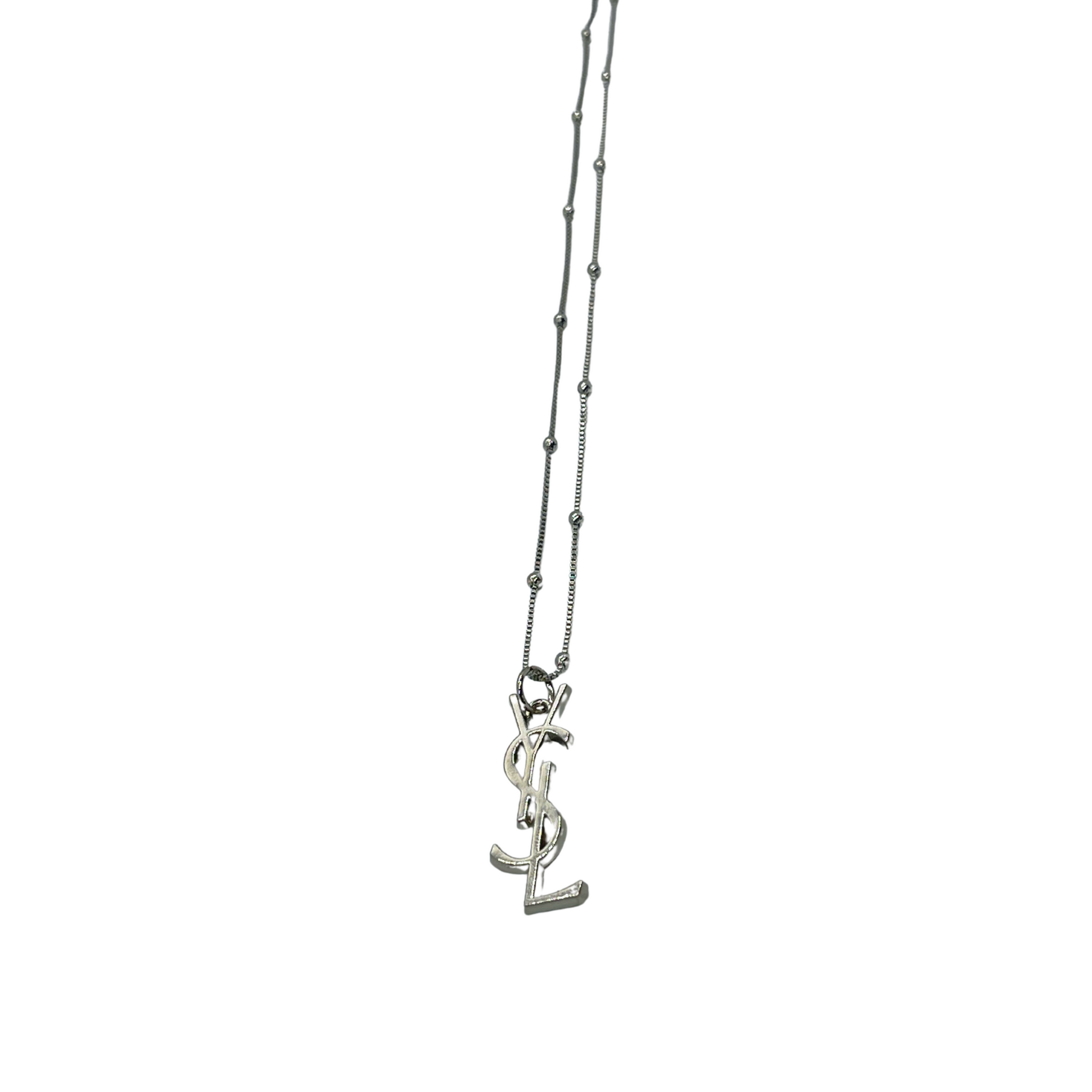 Authentic YSL Pendant  | Reworked Silver Beaded 14" Necklace
